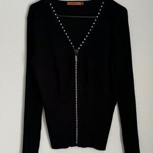 Bellidini Women's XL Black Rhinestone Embellished Zip Front Cardigan